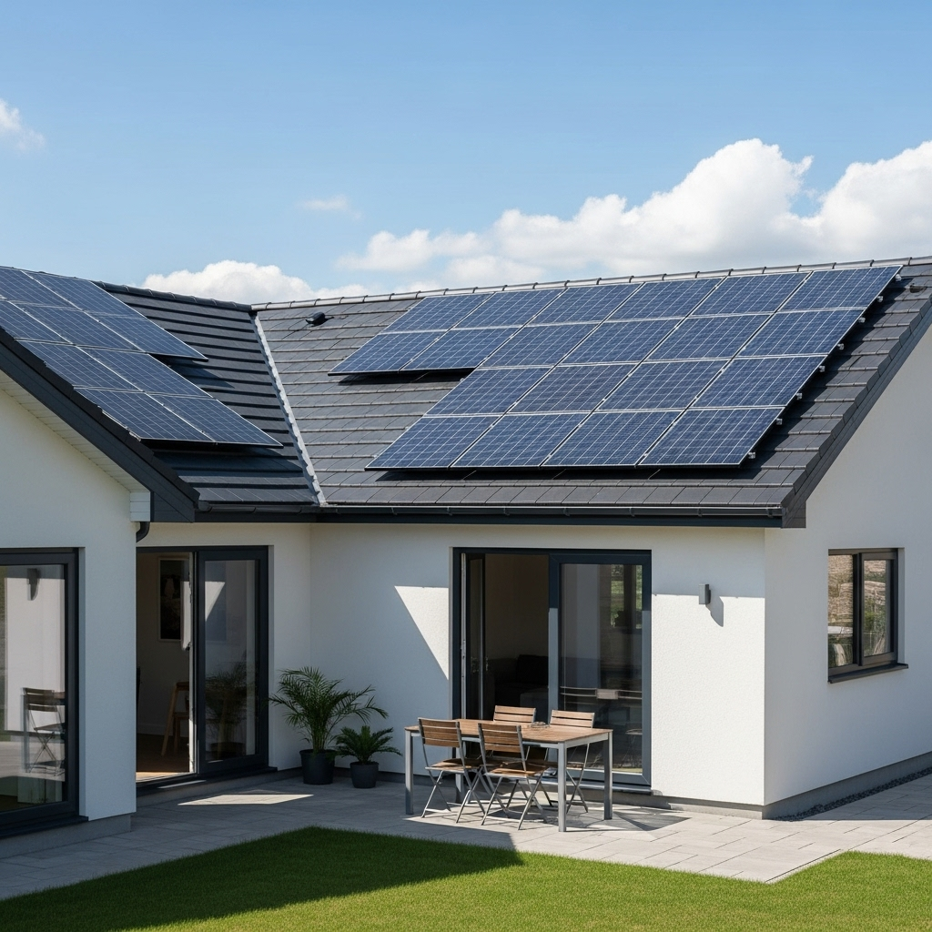 Maison moderne avec panneaux solaires sur le toit